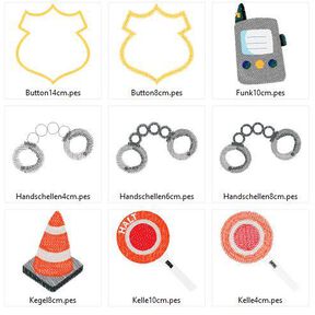 Polizei Zubehör Stickdatei Kegel Kelle Handschellen Button