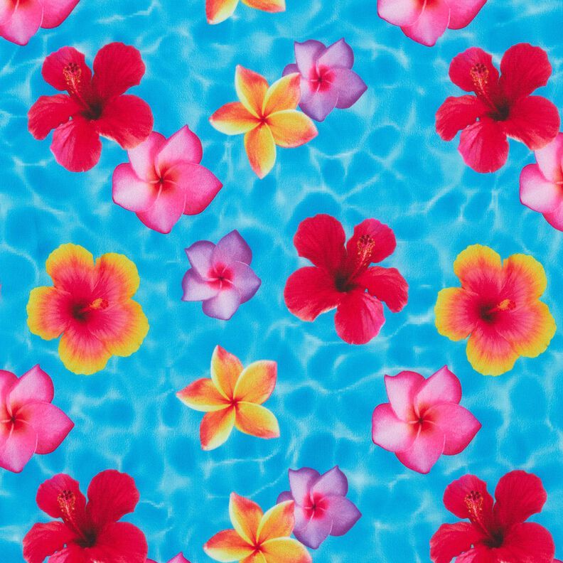 Badeanzugstoff Hawaii-Blumen – blau/intensiv pink,  image number 1