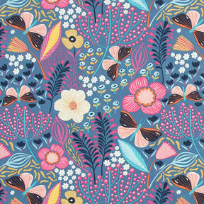 Baumwollstoff Cretonne Schmetterlinge und Blüten – blaugrau/pink, 